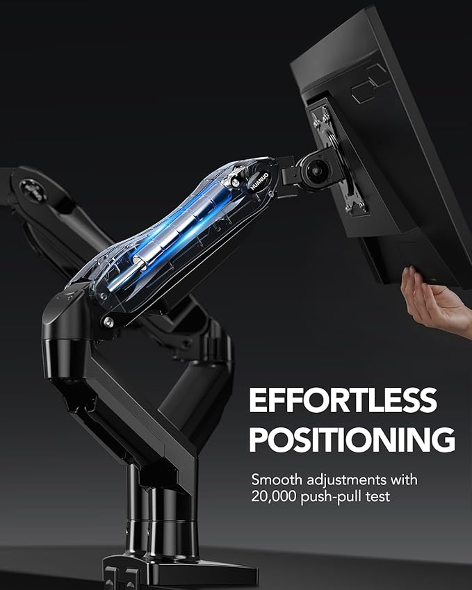 HUANUO Dual Monitor Stand, Fully Adjustable Gaming Monitor Desk Mount for 13–27″ Computer Screens, Full Motion VESA 75x75/100x100 with C-Clamp & Grommet Base, Each Arm Holds 4.4 to 19.8 lbs