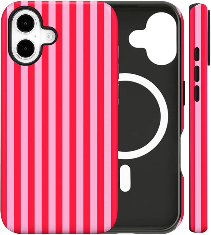 Magnetic for iPhone 16 Case Cute Stripes Phone Case, Shockproof Slim TPU and Hard PC Protective Phone Cover Compatible with MagSafe Designed for Women Girls, Red and Pink