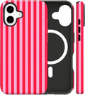 Magnetic for iPhone 16 Case Cute Stripes Phone Case, Shockproof Slim TPU and Hard PC Protective Phone Cover Compatible with MagSafe Designed for Women Girls, Red and Pink
