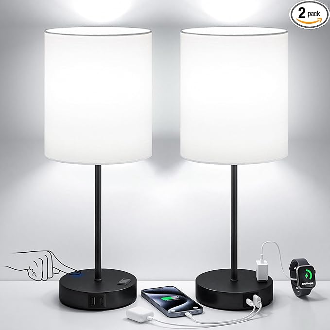 White and Black Lamps for Nightstand Set of 2 - Bedside Table Lamp for Bedroom with Dual USB Ports & AC Outlet, 3-Way Dimmable Lamps for Living Room Boys Room, Night Light with 5000K Daylight Bulbs