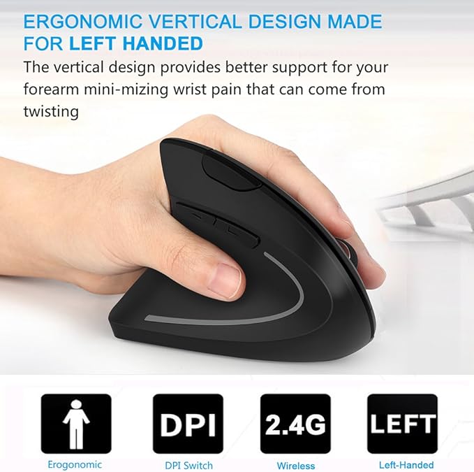 Lekvey Left Handed Mouse, Wireless 2.4 GHz USB Lefty Left Hand Ergonomic Vertical Mouse, Less Noise - Black