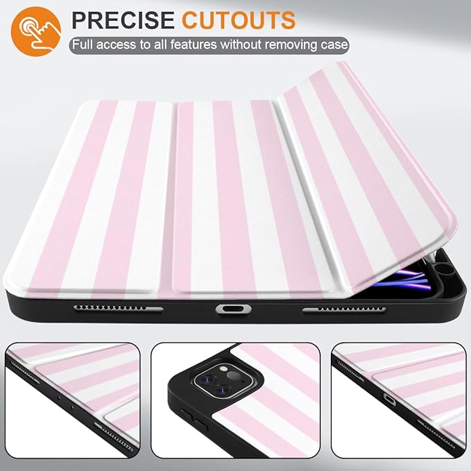 DONGKE Case for 2022/2021/2020/2018 iPad Pro 11 inch Gen 4/3/2/1 - Slim Protective Case - Built in Pencil Holder Support Charging - Trifold Stand & Sleep/Wake Cover- Pink Stripes
