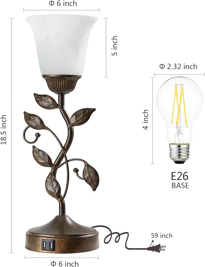 Set of 2 Touch Farmhouse Bedroom Table Lamps, Nightstand Vintage Flower Lamps with 2 USB Ports, 3 Way Dimmable Leaf Lamp for Living Room with White Glass Shades, Bulbs Included