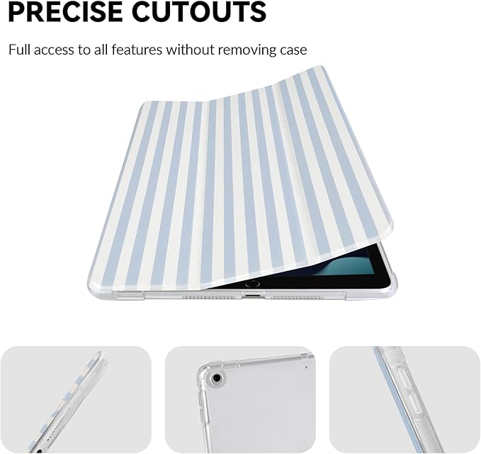 Lovmooful Compatible for iPad 9/8/7 (10.2-Inch,2021/2020/2019 Model,9th/8th/7th Generation) Case with Pencil Holder Cute Striped with Aesthetic Design Soft TPU Trifold Stand Protective-Blue&White