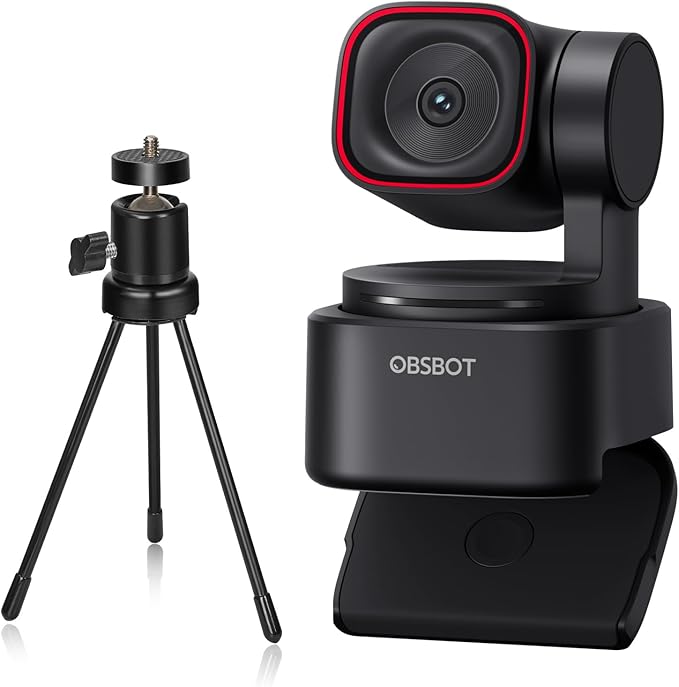 OBSBOT Tiny 3 Lite AI-Powered Spatial Audio 4K Webcam, 1/2" Sensor Tri-Mic Voice Control Gesture Control HDR Webcam for PC Laptop Zoom Meeting, W Mini Tripod