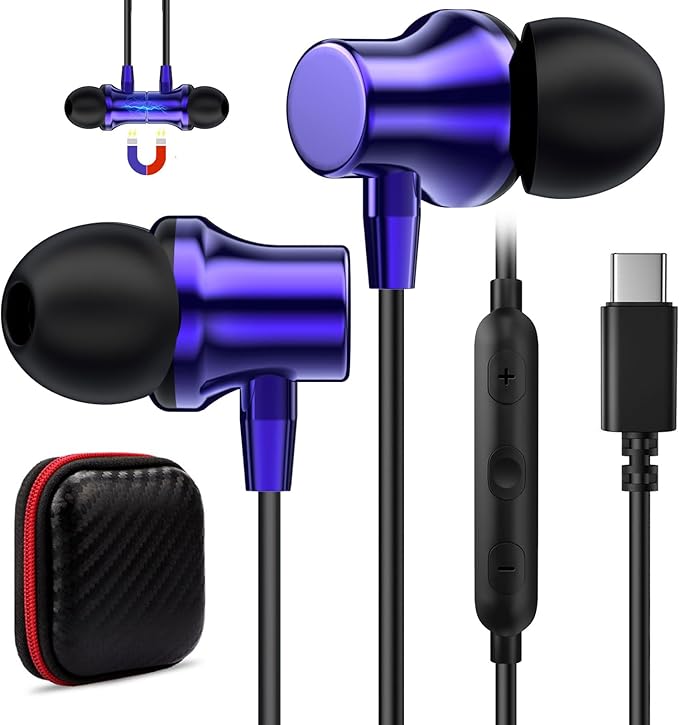 COOYA USB C Headphone Type C Wired Earbuds Bass Stereo Magnetic for iPhone 17 16 Pro Max 15 Plus iPad 11 Pixel 9 8 Noise Canceling in-Ear Earphone+Mic for Samsung S26 S25 Ultra S24 A16 for OnePlus 13
