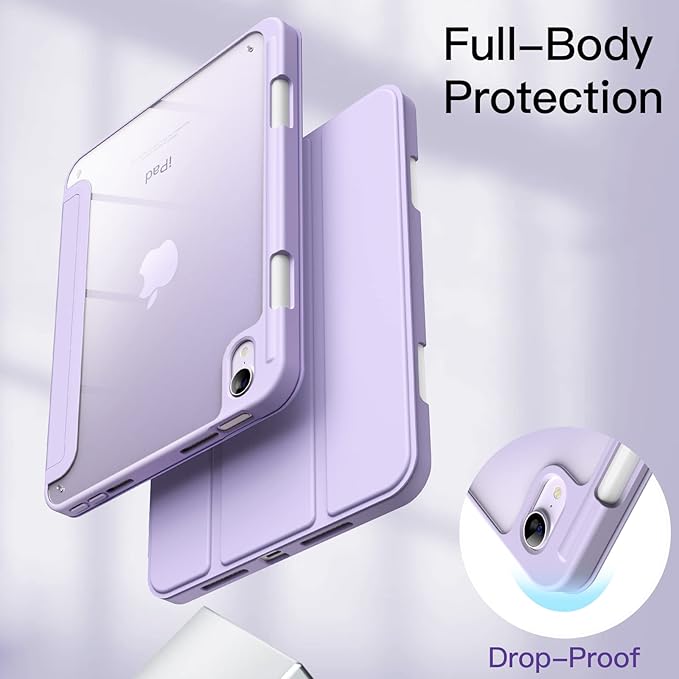 JETech Case for iPad mini (A17 Pro, 2024 Model, 7th Generation) / mini 6 (2021 Model, 6th Generation) with Pencil Holder, Clear Back Shell Slim Stand Tablet Cover, Auto Wake/Sleep (Purple)