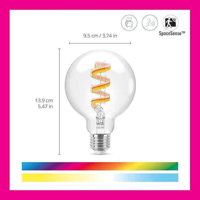 WiZ Connected Color G25 Color Filament LED Smart Bulb - Pack of 1-300 Lumen - E26 Indoor - Connects to Your Existing Wi-Fi - Control with Voice or App + Activate with Motion - Matter Compatible
