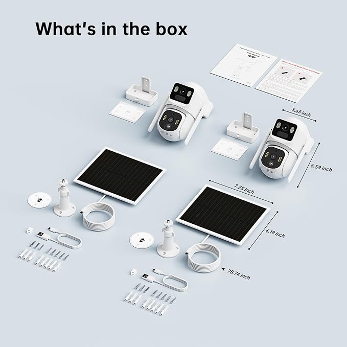 SEHMUA Dual Lens Solar Security Cameras Wireless Outdoor, 2K+2K Dual Views Outdoor Camera Wireless, Color Night Vision, PIR Motion Alerts, 2.4GHz WiFi, IP65, Optional Storage
