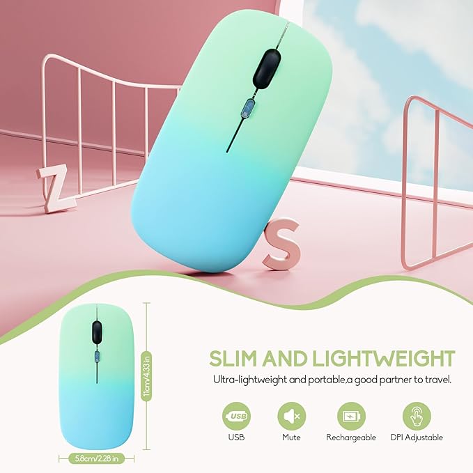 Wireless Bluetooth Mouse,LED Dual Mode Rechargeable Silent Slim Laptop Mouse,Portable(BT5.2+USB Receiver) Dual Mode Computer Mice,for Laptop,Desktop Computer,ipad Tablet,Phone,Mac(Greenish blue)