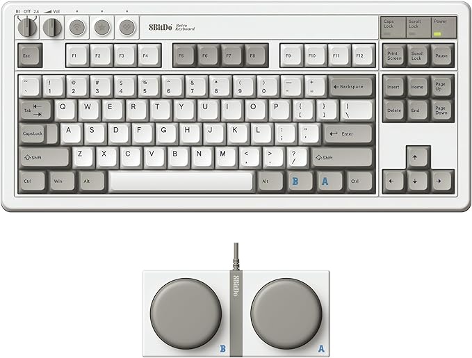 8Bitdo 87 Keys Retro Mechanical Keyboard Bluetooth/2.4G/USB-C, Hot Swappable, Dual Super Programmable Buttons, Volume knob for Windows and Android - M Edition