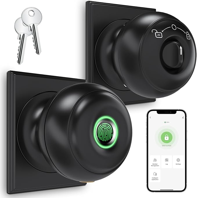 GeekTale Fingerprint Door Lock for Bedrooms, Fingerprint Door Knob with Lock, Smart Door Lock, App Control, Back-up Keys, Thumbprint Door Knob for Bedrooms, Office, Apartment