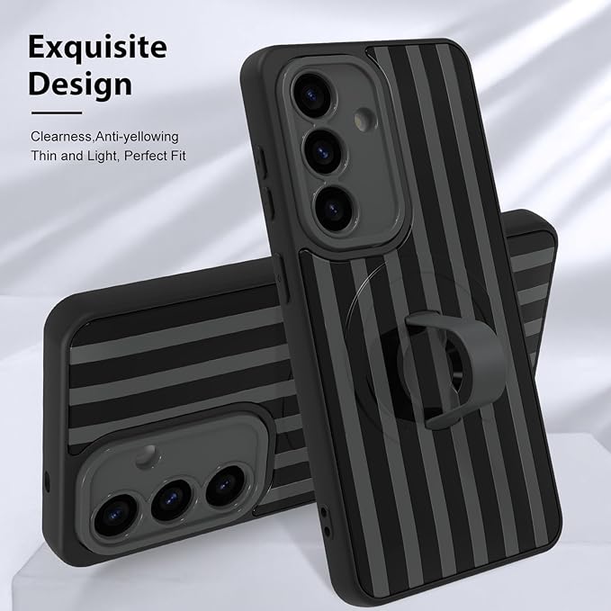 KANGHAR Compatible with Samsung Galaxy S26 Case, Support for MagSafe, Silicone Stripes Cute Pattern, Wristband Kickstand Camera Protection Soft Slim Cover for Girls Women -Black