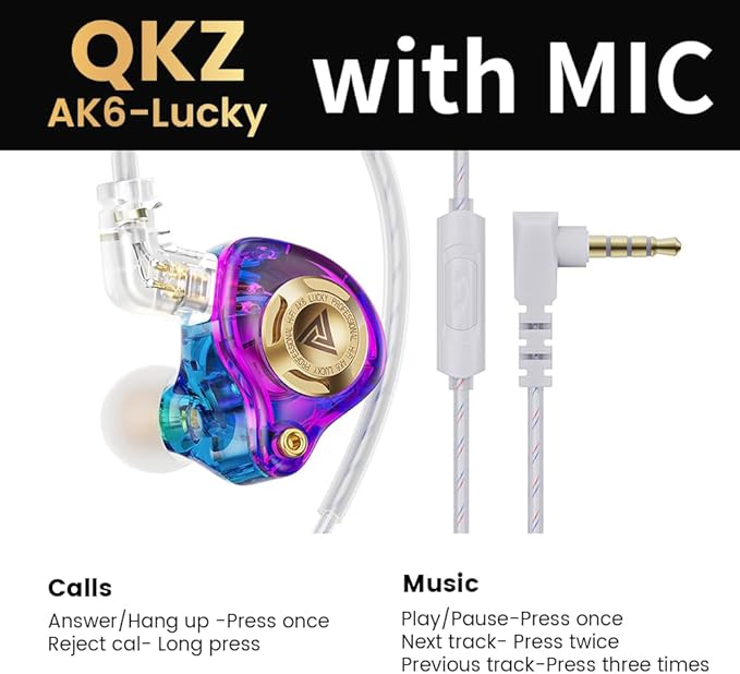 Qkz Ak6 Lucky in Ear Monitor, HiFi Wired Earbuds, Tunable Sound Wired Headphones Gaming Earbuds with 3-Level Adjusting Switch, Detachable Cable for Music Gaming Video Calling (Purple)