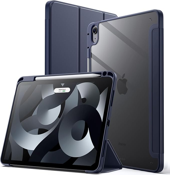 JETech Case ONLY for iPad Air 11-Inch M4/M3/M2 (2026/2025/2024), iPad Air 5/4 (2022/2020 5th/4th) with Pencil Holder, Clear Transparent Back Slim Stand Shockproof Tablet Cover (Deep Navy)