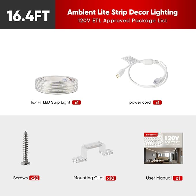 Shine Decor LED Strip Lights 12w Low Consumption, Cold Resistant IP65 Waterproof Outdoor Rope Light 120 VAC, Cuttable Connectable Indoor Lite Lighting Strip 16 FT ETL Listed 7x10mm 2800K Warm White