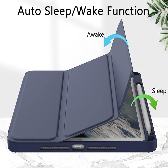 Case for iPad 9th / 8th / 7th Generation (2021/2020 / 2019), for iPad 10.2 Inch Case with Pencil Holder, Stand Tablet Clear Back Cover, Auto Sleep/Wake - Navy Blue