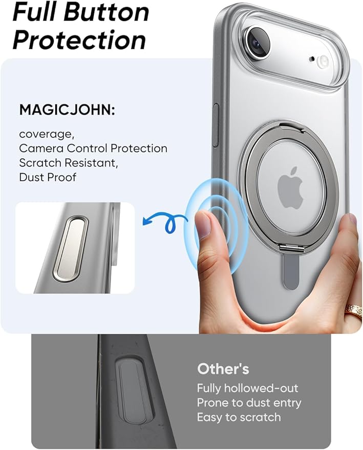 MAGIC JOHN 360° Rotatable Magnetic Invisible Stand for iPhone 17 Air Case [Camera Control Button] [Compatible with MagSafe] 16FT Shockproof for iPhone 17 Air Case with Kickstand, Gray