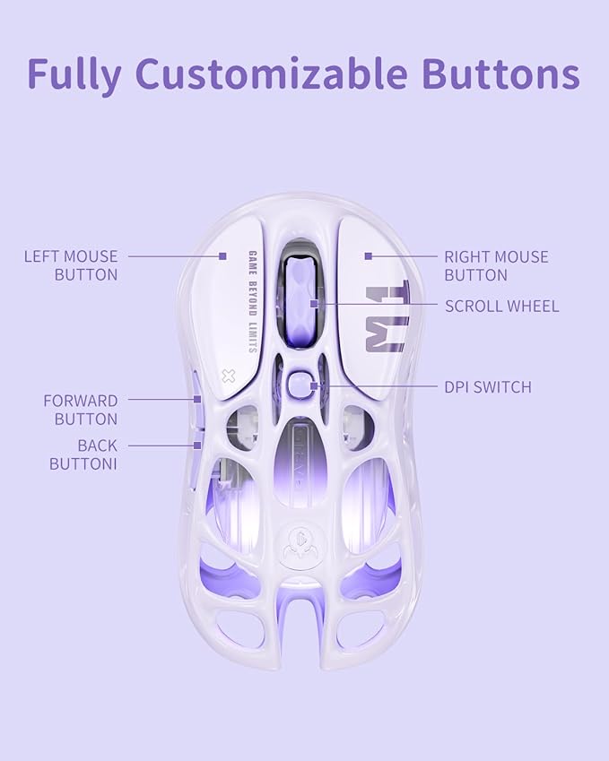 GravaStar Mercury M1 Pro Gaming Mouse, Lightweight Magnesium Alloy, 26,000 DPI, PAW3395DM Sensor, 5 Programmable Buttons, Support Wired/2.4GHz/BT, Up to 200 Hours Battery Life (Lavender Purple)