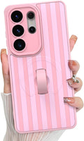 KANGHAR Compatible with Samsung Galaxy S26 Ultra Case, Support for MagSafe, Silicone Stripes Cute Pattern, Wristband Kickstand Camera Protection Soft Slim Cover for Girls Women -Pink