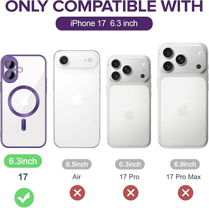 Hython Magnetic Clear for iPhone 17 Case with Camera Lens Protector [Compatible with MagSafe] Luxury Plating Edge Slim Soft TPU Cover Protective Phone Case for iPhone 17 6.3", Matte Purple