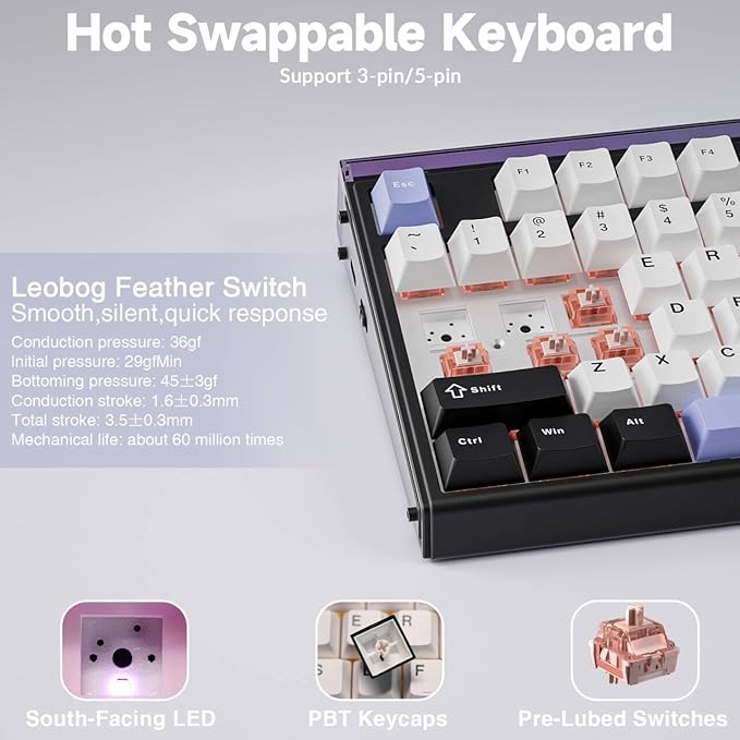 Aula H108 Wireless Mechanical Keyboard, Hot Swappable Silent Keyboard, Full Size Keyboard with Number Pad, Gasket Structure, RGB Backlit Computer Gaming Keyboard with PBT Keycaps for PC/Office