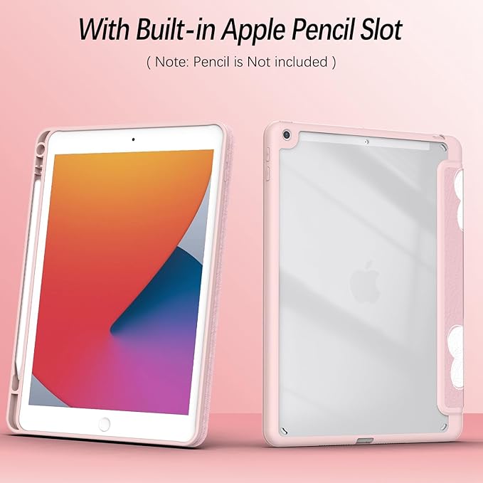Case for iPad 9th / 8th / 7th Generation (2021/2020/2019) 10.2 inch, Case with Pencil Holder, Stand Clear Back Cover Cute Cool Design for Women Girls, Auto Sleep/Wake, Pink White Flower