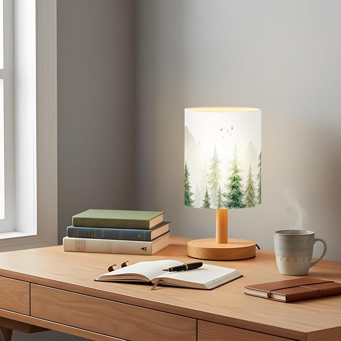 VIHOSE Pine Tree Bedside Table Lamp Forest Table Lamp Vintage Nightstand with Linen Fabric Shade Solid Wood Base Decoration for Kids Living Room Bedroom Desk Dorm