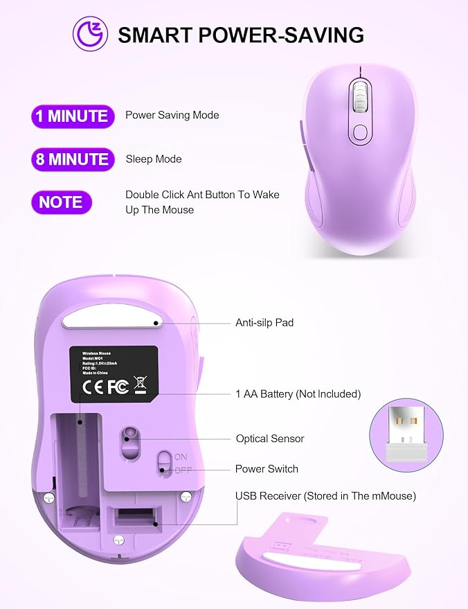 Trueque Wireless Mouse for Laptop, 2.4GHz Ergonomic Computer Mouse with Back & Forward Buttons, 3 Adjustable DPI Levels, 6 Buttons, Optical USB Cordless Mice for Windows PC, M01 (Lavender)