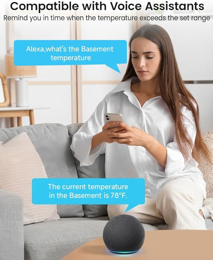 MOCREO WiFi Remote Thermometer Freezer Alarm, 1/3 Mile Long Range, with IP67 Waterproof Probe, App Email Alert, with Digital Monitor Hub, 2 Smart Temperature Sensors for Refrigerator, Hot Tub, RV