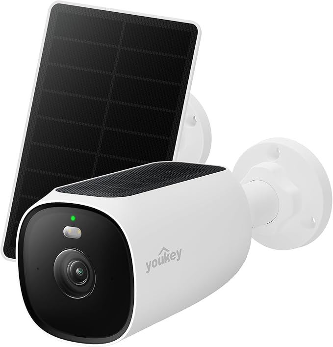 youkey Solar Security Camera Wireless Outdoor 2.5K, 24/7 AOV Recording, No Subscription Cameras for Home Security with Dual Solar Panel, AI Detection, 2.4Ghz Wi-Fi 6, Easy Setup, Hub Compatible
