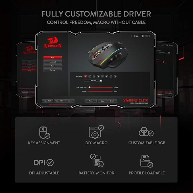Redragon M686 Wireless Gaming Mouse, 16000 DPI Wired/Wireless Gamer Mouse with Professional Sensor, 45-Hour Reliable Power Capacity, Customizable Macro and RGB Backlight for PC/Mac/Laptop
