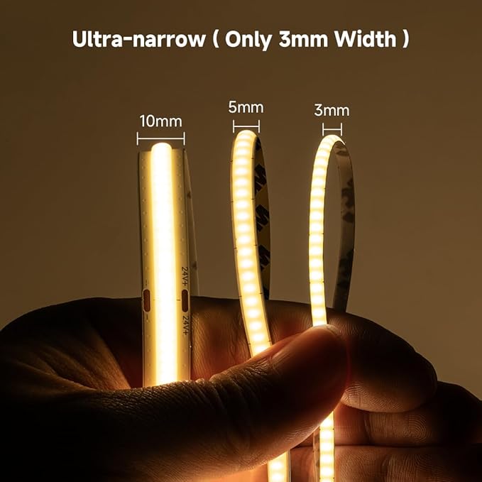 BTF-LIGHTING FCOB COB 3mm Width UL Listed Super Narrow Flexible Uniform LED Strip Light 16.4FT DC24V 2700K CRI 90+ Dimmable LED Ribbon for Kitchen Home Indoor Decor(No Adapter or Controller)
