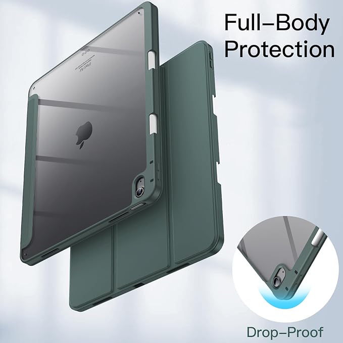 JETech Case for iPad Air 13-Inch M4/M3/M2 (2026/2025/2024) with Pencil Holder, Clear Transparent Back Shell Slim Stand Shockproof Tablet Cover, Auto Wake/Sleep (Midnight Green)