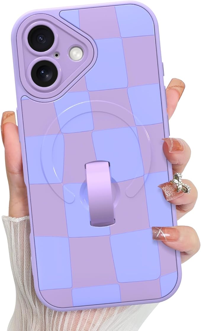 KANGHAR Compatible with iPhone 17 Case, Support for MagSafe, Silicone Checkered Cute Pattern, Wristband Kickstand Camera Protection Soft Slim Cover for Girls Women -Purple