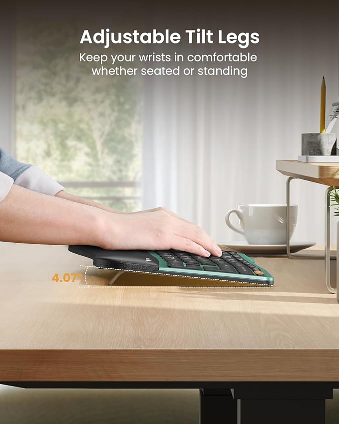 ProtoArc Backlit Bluetooth Ergonomic Keyboard, EK01 Plus Full Size Wireless Split Keyboard with Dual Bluetooth and USB, Cushioned Wrist Rest, Rechargeable, Compatible with Windows/Mac/Android, Green