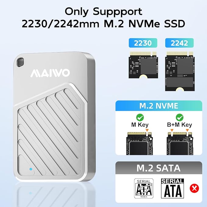 MAIWO Magnetic 2230 2242 M.2 NVMe SSD Enclosure USB3.2 GEN2, External Solid State Drive Reader Case for iPhone 17 16 15 Pro Max MacBook Pro, Aluminum, Support 4K ProRes Video Record