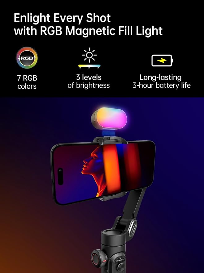 AOCHUAN Gimbal stabilizer for Smartphone,Gesture Control/face Tracking,Magnetic Fill Light,Foldable Handheld Phone Gimbal,3-axis stabilizer TikTok YouTube Vlog Recording XE kit
