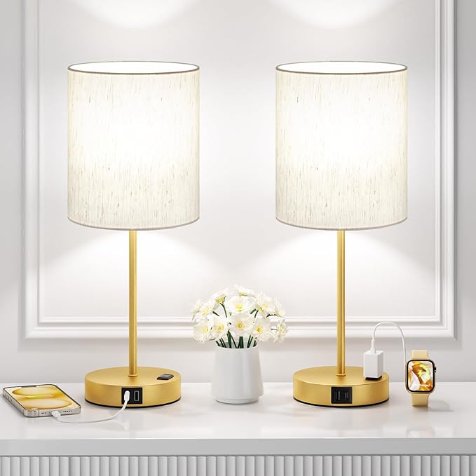 Gold Touch Lamps for Nightstand Set of 2 - Bedside Table Lamp for Bedroom with Dual USB Ports & AC Outlet, 3-Way Dimmable Lamps for Living Room Boys Room, Night Light with 5000K Daylight Bulbs
