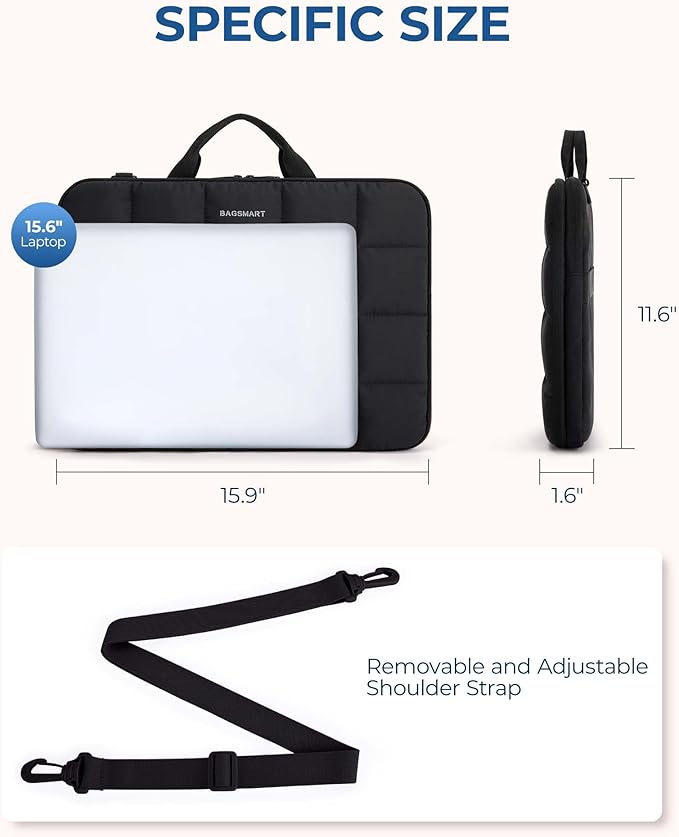 BAGSMART Laptop Case with Handle, Puffy Laptop Sleeve Bag for Women, MacBook Case for Dell, HP, Lenovo, MacBook Air/Pro, 15-15.6 inch, Black