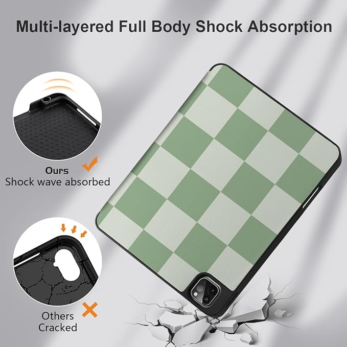 MEEgoodo for iPad Pro 12.9 Case M2 6th/5th/4th/3rd Generation 2022 2021 2020 2018 with Pencil Holder, Tablet Cover with Soft TPU Back Shell, Green Checkered