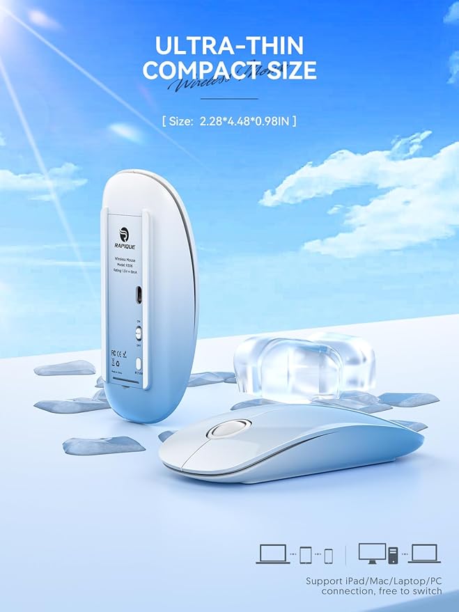 RAPIQUE Bluetooth Wireless Mouse - (BT5.1+USB) Dual Connectivity, Quiet Click, Low Power, and 1600 DPI, Portable Cordless Mouse for Laptop, MacBook Pro/Air, iPad (Gradient Sky Blue)
