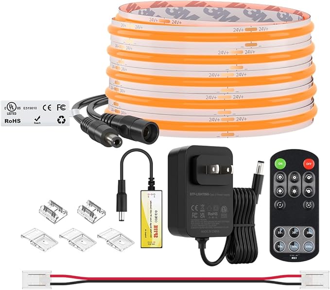 BTF-LIGHTING COB LED Strip Light 24V 16.4FT UL Listed, Orange Color Dimmable High Density Flexible Tape Light with RF Remote & ETL Power Adapter, Ultra Bright for Bedroom Kitchen Home Indoor Lighting