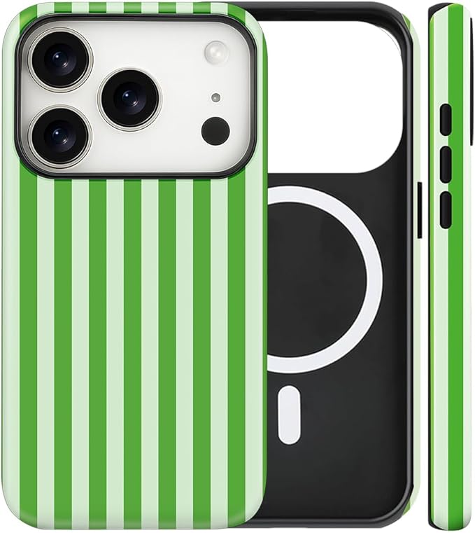 Magnetic for iPhone 17 Pro Max Case Cute Stripes Phone Case, Shockproof Slim TPU and Hard PC Protective Phone Cover Compatible with MagSafe Designed for Women Girls, Deep Green