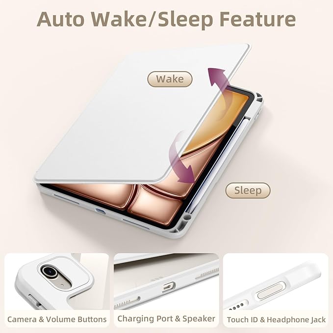 Wenlaty for iPad Air 11 inch Case (M4/M3/M2) & Air 5th/4th Gen Case 10.9 inch, for iPad Pro 11 inch 4/3/2/1 Gen, 360° Rotating Cover, Detachable Magnetic Back, Pencil Holder, Auto Sleep/Wake,White