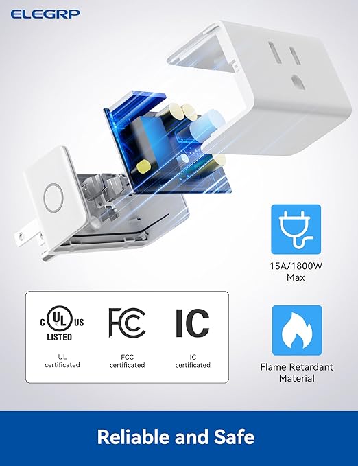 ELEGRP Matter Supported Mini Smart Plug, Smart Outlet 15A/1800W Max, Compatible with Apple Home, Siri, Alexa, Google Home, SmartThings, Compact Design, UL Certified, 2.4G Wi-Fi Only, White, 4 Pack