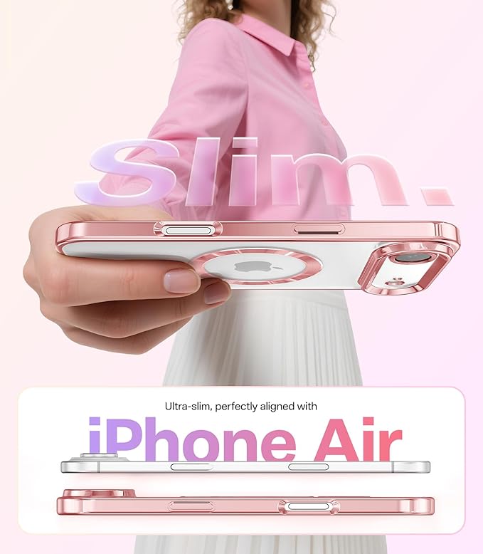 Meifigno Designed for iPhone Air Case 6.5", [Glitter Card & Wrist Strap] [Compatible with MagSafe] [1X HD+1X Privacy Screen Protectors] Lens Protection Slim Case Designed for iPhone 17 Air, Rose Gold