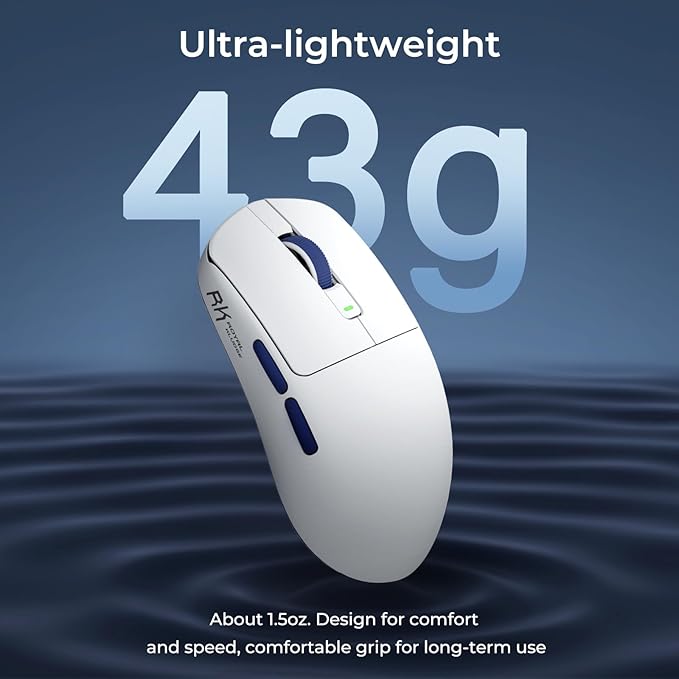 RK ROYAL KLUDGE RK M30 Wireless Gaming Mouse, 24000 DPI, 43g Ultra-Lightweight, PAW3311 Sensor, 2.4G/Bluetooth/USB-C Rechargeable Wireless Mouse with 5 Programmable Buttons for PC/Mac, White