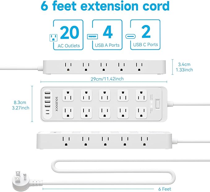 20 Outlet Power Strip with USB C,6Ft Extension Cord with Multiple Outlets, 2700 Joules Surge Protector,1875W/15A, ETL Listed for Home Office Dorm Gaming (White, 6FT)