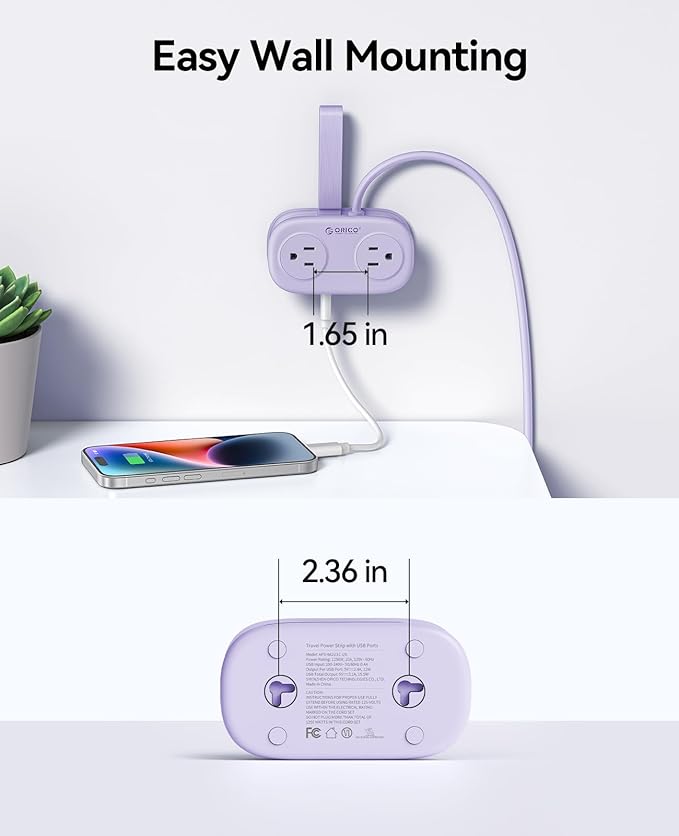 ORICO 4FT Purple Cruise Approved Travel Power Strip with 4 AC Outlets, 2 USB-A Ports, and 1 USB-C Port, 45° Flat Plug Extension Cord with Non Surge Protector for Travel/Home/Dorm/Office-AP3